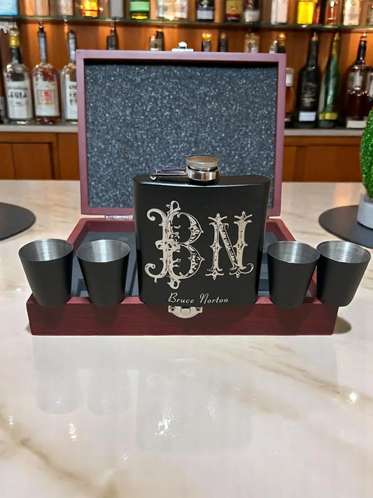 Rosewood Flask Gift Set | Matte Black 6 oz Flask + 4 Shot Glasses + Funnel Spartan Designs LLC