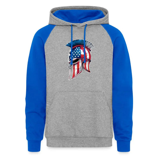 Spartan Designs Unisex Colorblock Hoodie with bold Spartan logo and contrasting sleeves, inner hood, and drawstring.