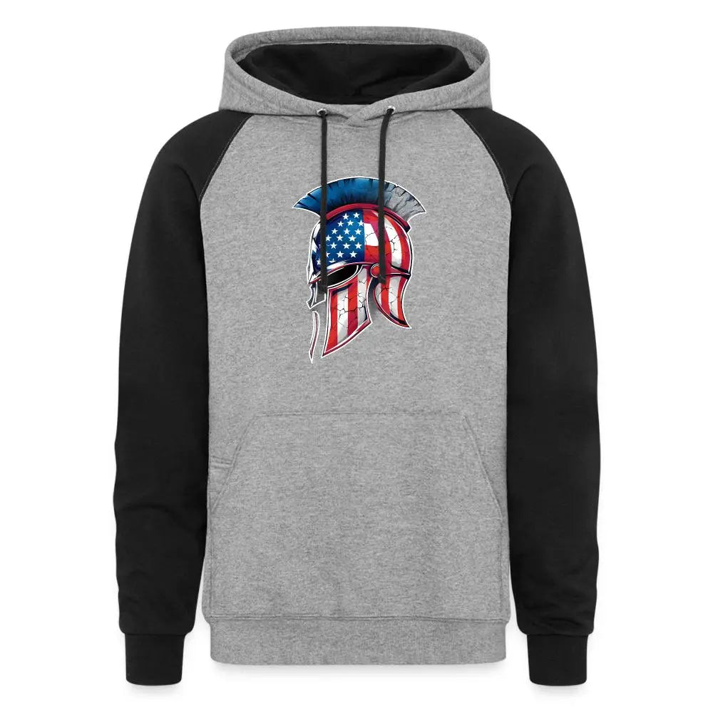 Spartan Designs Unisex Colorblock Hoodie with bold Spartan logo and contrasting sleeves, inner hood, and drawstring.