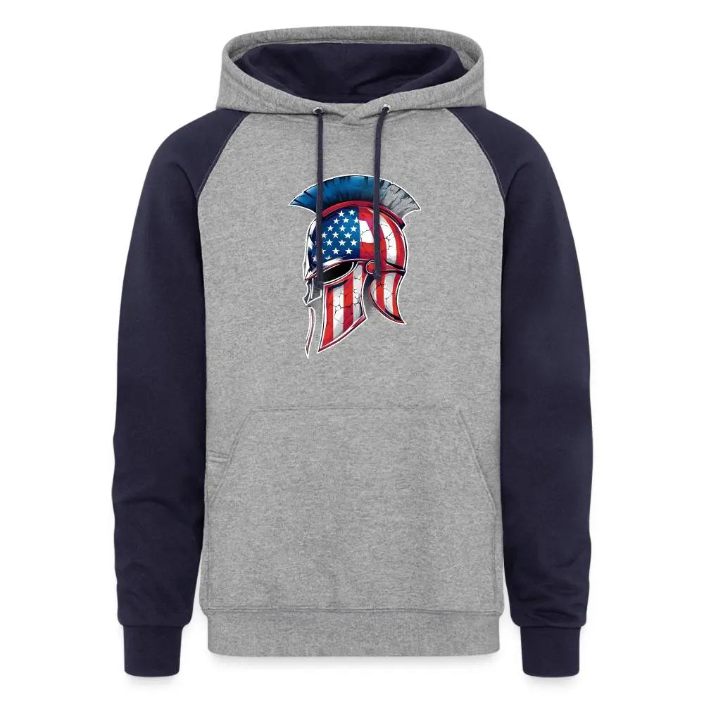 Spartan Designs Unisex Colorblock Hoodie with bold Spartan logo and contrasting sleeves, inner hood, and drawstring.