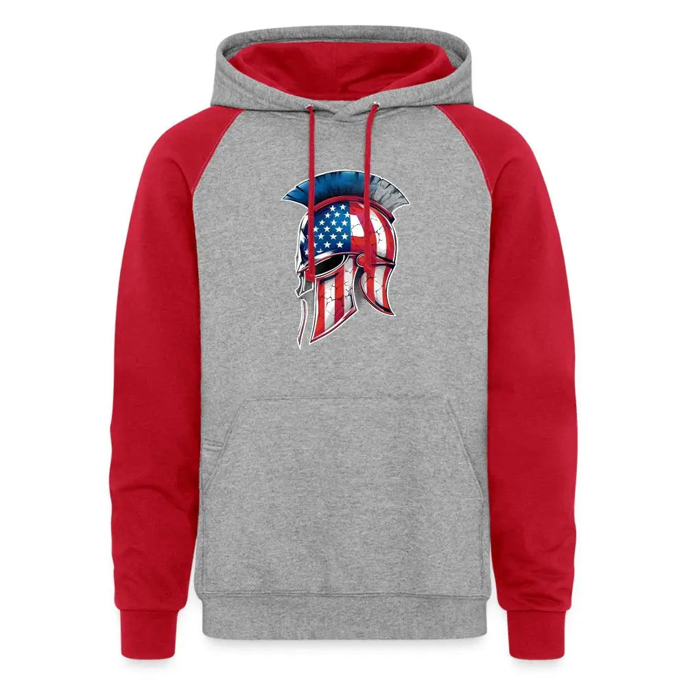 Spartan Designs Unisex Colorblock Hoodie with bold Spartan logo and contrasting sleeves, inner hood, and drawstring.