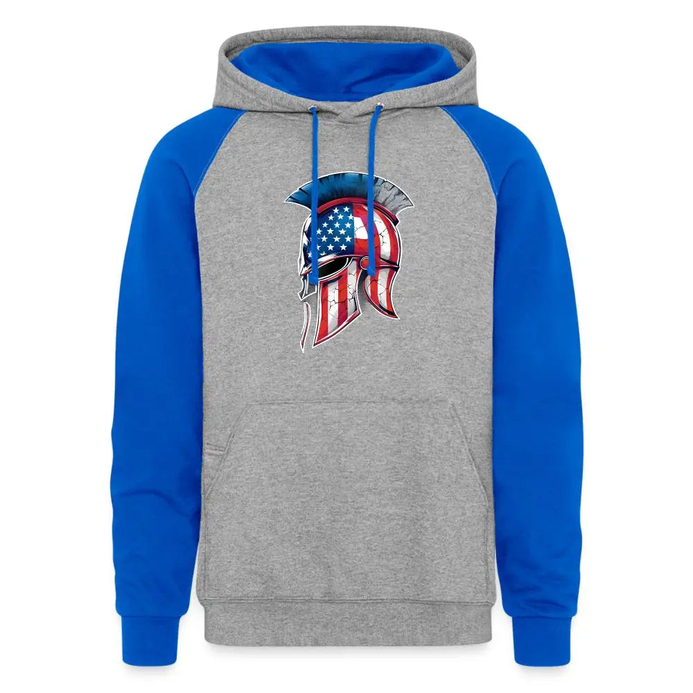 Spartan Designs Unisex Colorblock Hoodie with bold Spartan logo and contrasting sleeves, inner hood, and drawstring.