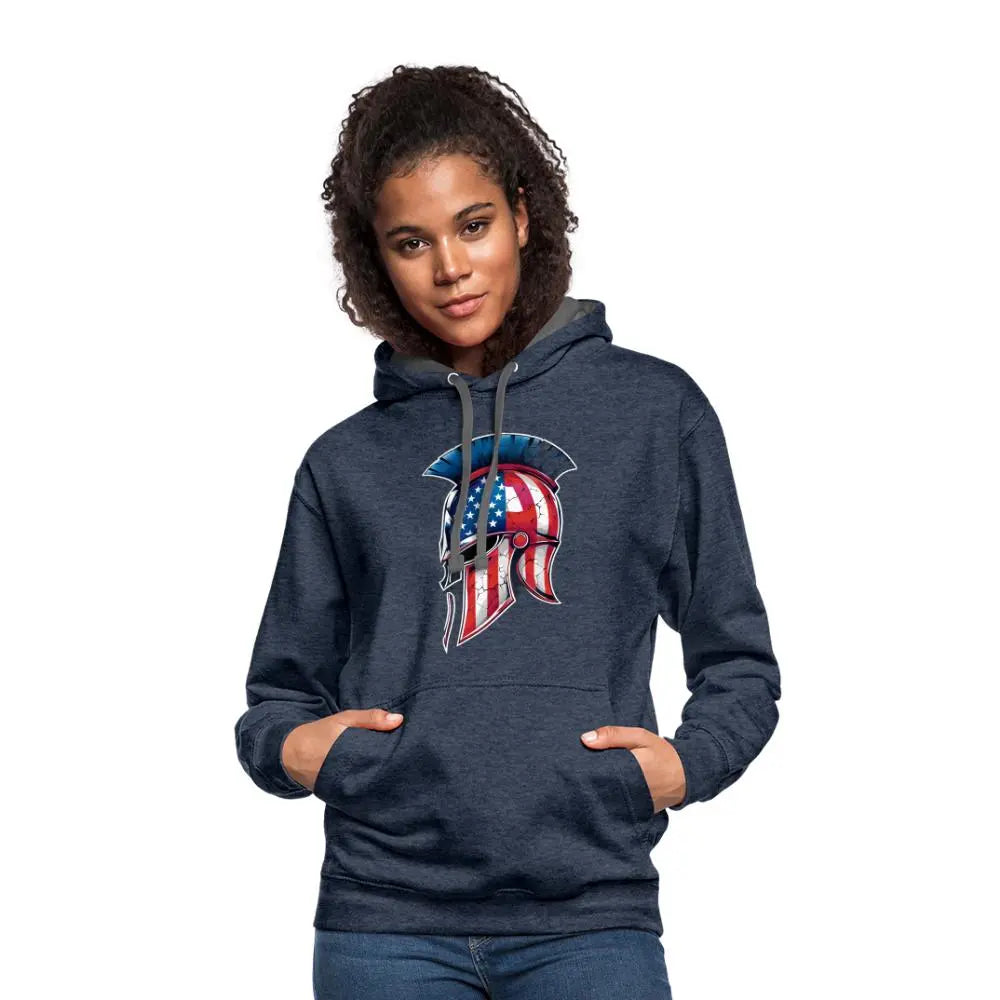 Spartan Designs Unisex Contrast Hoodie with patriotic Spartan helmet logo in red, white, and blue