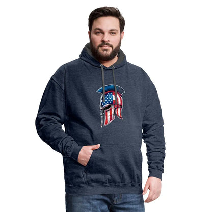 Spartan Designs Unisex Contrast Hoodie with patriotic Spartan helmet logo in red, white, and blue