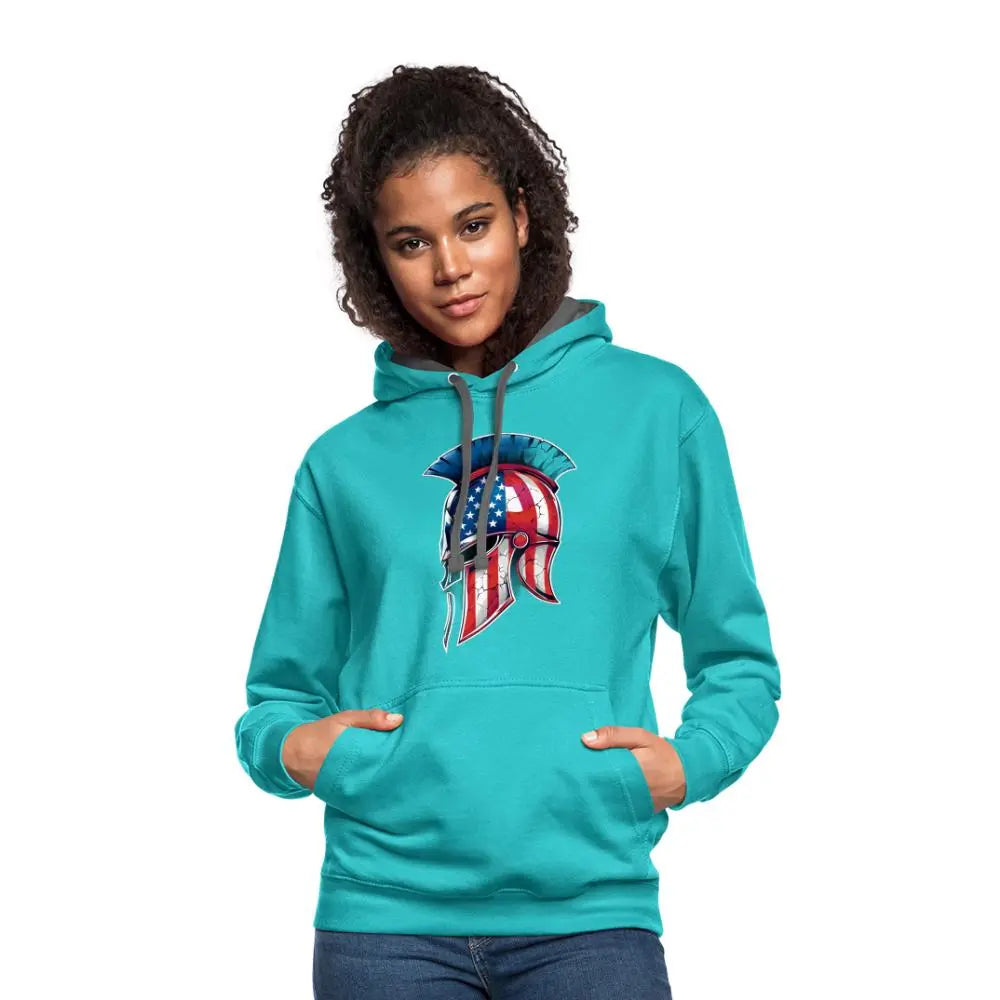 Spartan Designs Unisex Contrast Hoodie with patriotic Spartan helmet logo in red, white, and blue