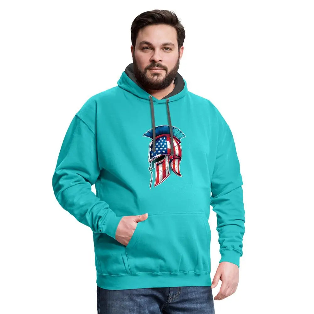 Spartan Designs Unisex Contrast Hoodie with patriotic Spartan helmet logo in red, white, and blue