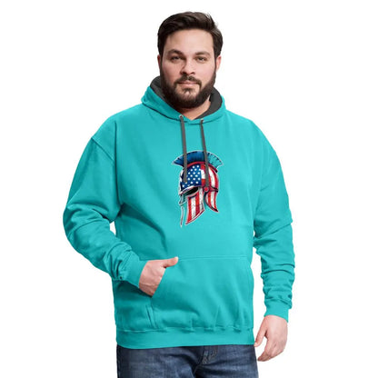 Spartan Designs Unisex Contrast Hoodie with patriotic Spartan helmet logo in red, white, and blue