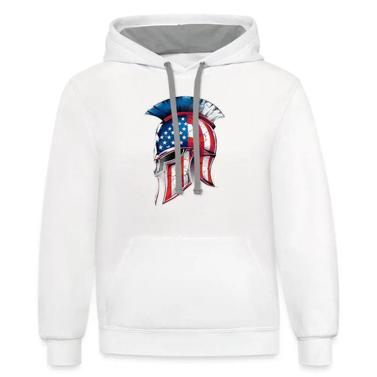 Spartan Designs Unisex Contrast Hoodie with patriotic Spartan helmet logo in red, white, and blue