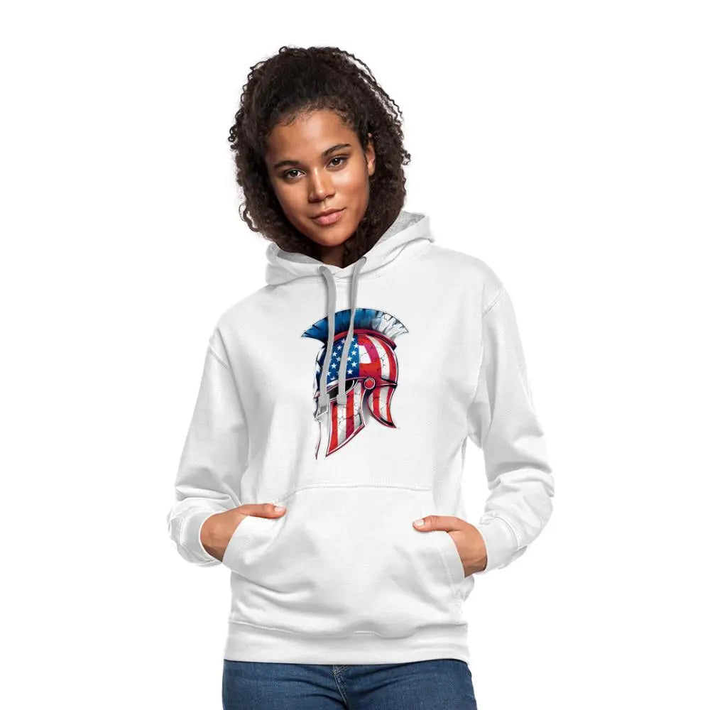 Spartan Designs Unisex Contrast Hoodie with patriotic Spartan helmet logo in red, white, and blue