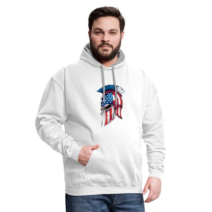 Spartan Designs Unisex Contrast Hoodie with patriotic Spartan helmet logo in red, white, and blue