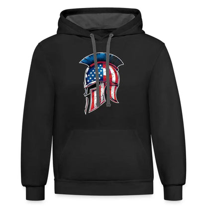 Spartan Designs Unisex Contrast Hoodie with patriotic Spartan helmet logo in red, white, and blue