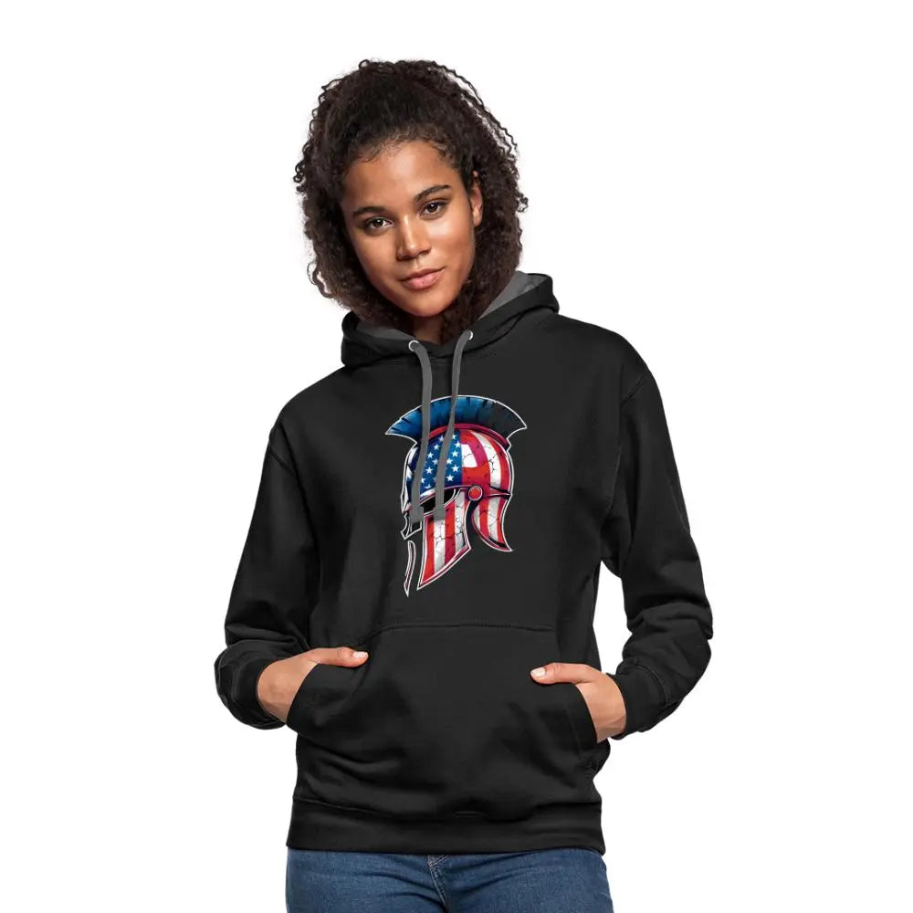 Spartan Designs Unisex Contrast Hoodie with patriotic Spartan helmet logo in red, white, and blue