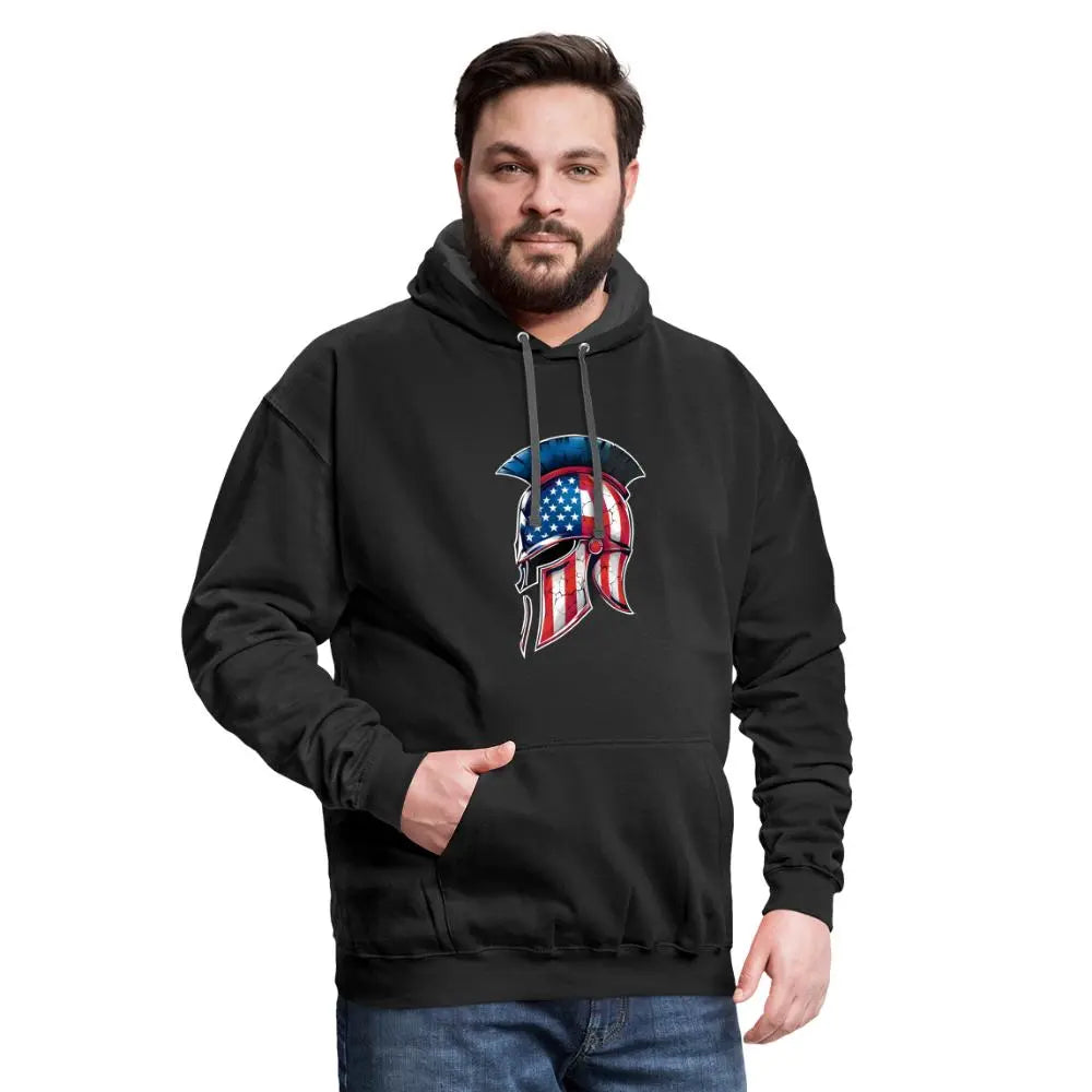 Spartan Designs Unisex Contrast Hoodie with patriotic Spartan helmet logo in red, white, and blue