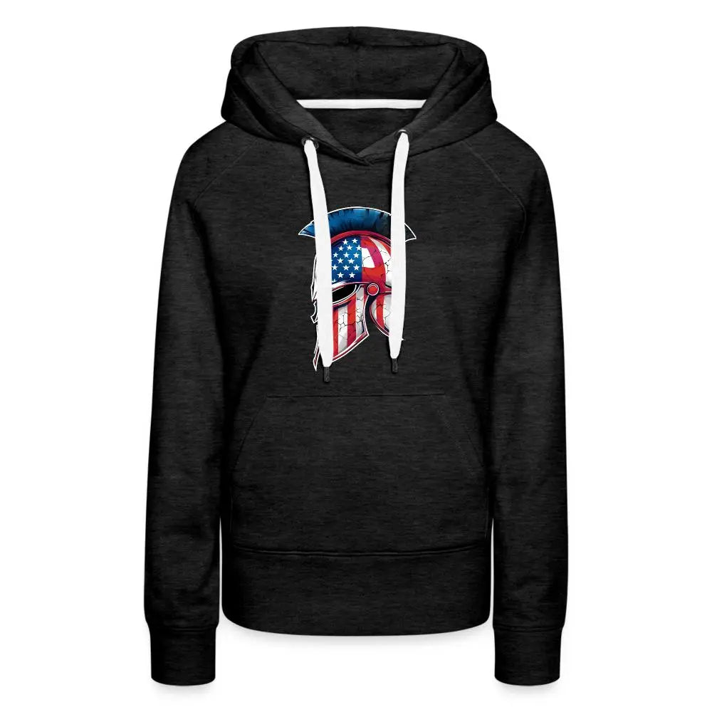 Women’s Spartan Designs Premium Hoodie with patriotic Spartan helmet logo and tailored feminine fit.