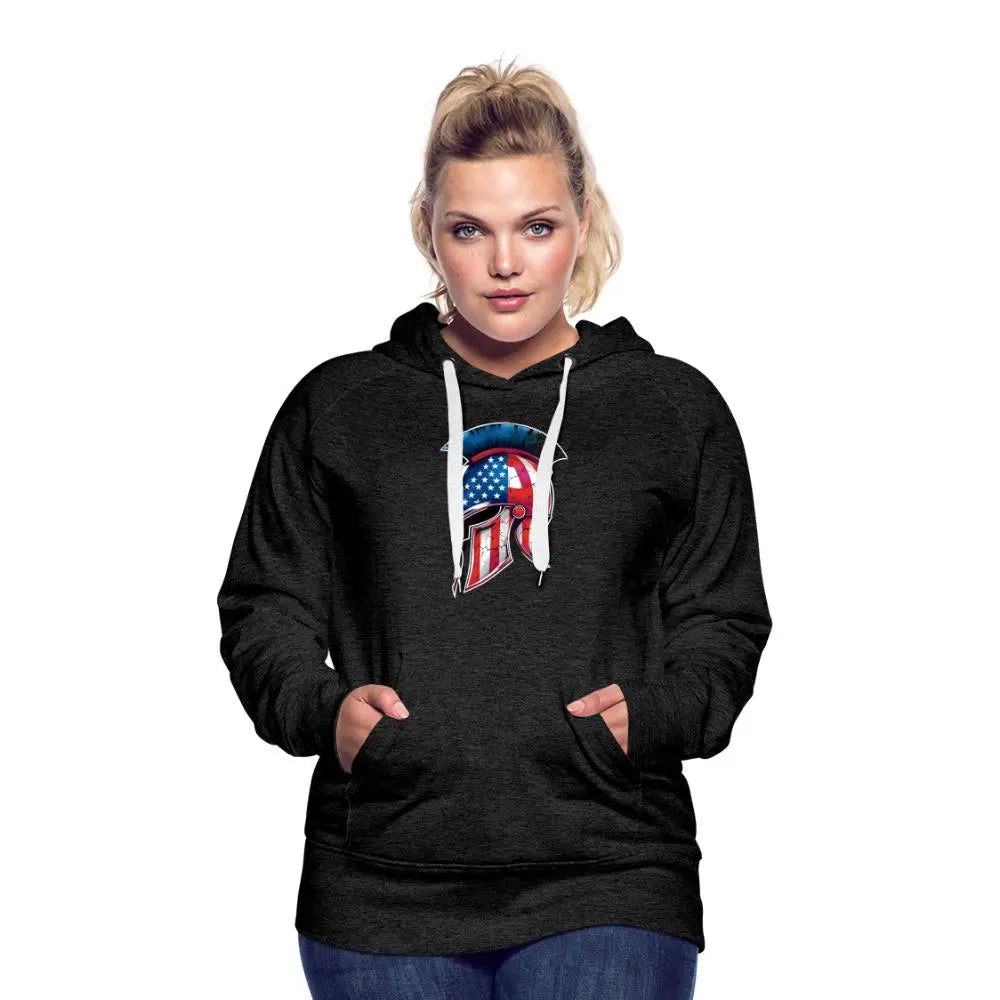 Women’s Spartan Designs Premium Hoodie with patriotic Spartan helmet logo and tailored feminine fit.