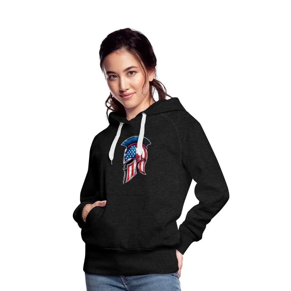 Women’s Spartan Designs Premium Hoodie with patriotic Spartan helmet logo and tailored feminine fit.