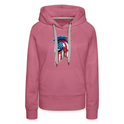 Women’s Spartan Designs Premium Hoodie with patriotic Spartan helmet logo and tailored feminine fit.