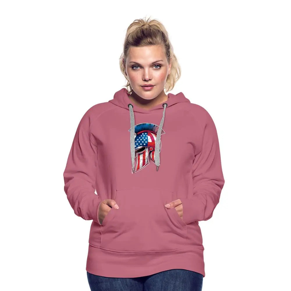 Women’s Spartan Designs Premium Hoodie with patriotic Spartan helmet logo and tailored feminine fit.