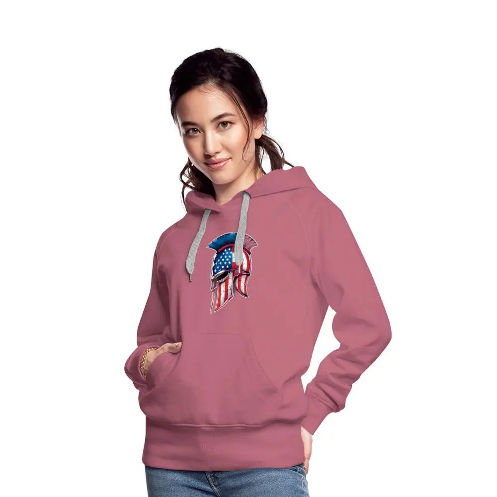 Women’s Spartan Designs Premium Hoodie with patriotic Spartan helmet logo and tailored feminine fit.