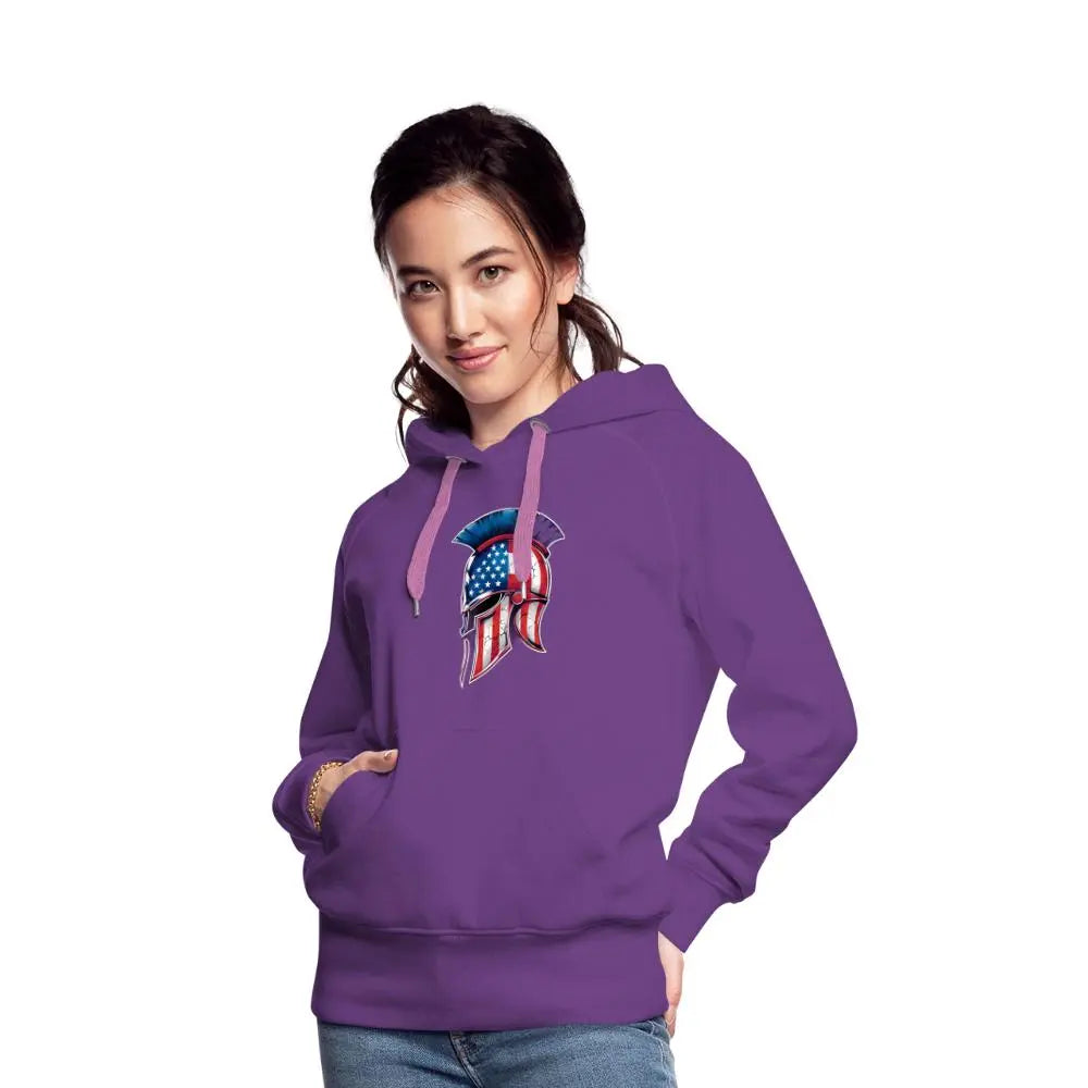 Women’s Spartan Designs Premium Hoodie with patriotic Spartan helmet logo and tailored feminine fit.