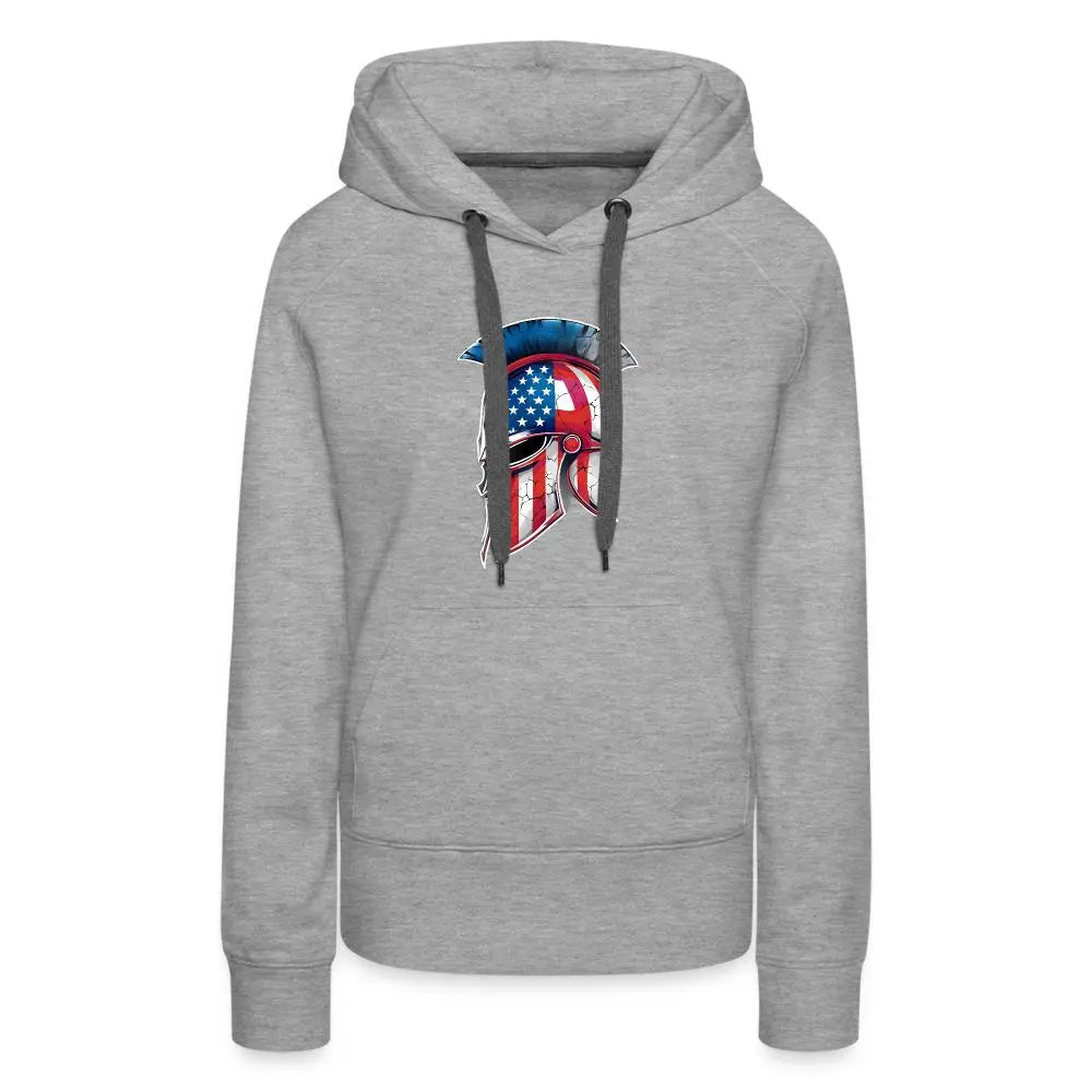 Women’s Spartan Designs Premium Hoodie with patriotic Spartan helmet logo and tailored feminine fit.