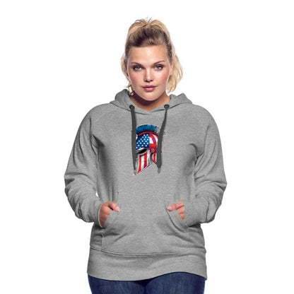 Women’s Spartan Designs Premium Hoodie with patriotic Spartan helmet logo and tailored feminine fit.