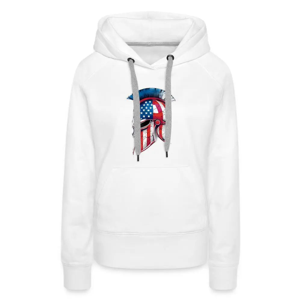 Women’s Spartan Designs Premium Hoodie with patriotic Spartan helmet logo and tailored feminine fit.