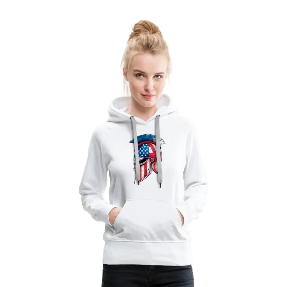 Women’s Spartan Designs Premium Hoodie with patriotic Spartan helmet logo and tailored feminine fit.