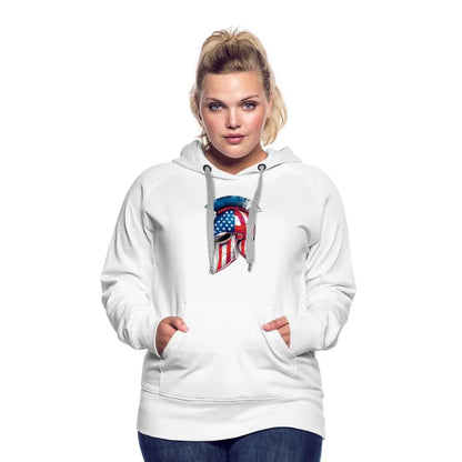 Women’s Spartan Designs Premium Hoodie with patriotic Spartan helmet logo and tailored feminine fit.