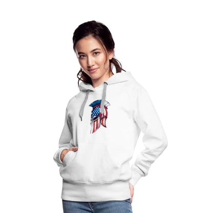 Women’s Spartan Designs Premium Hoodie with patriotic Spartan helmet logo and tailored feminine fit.