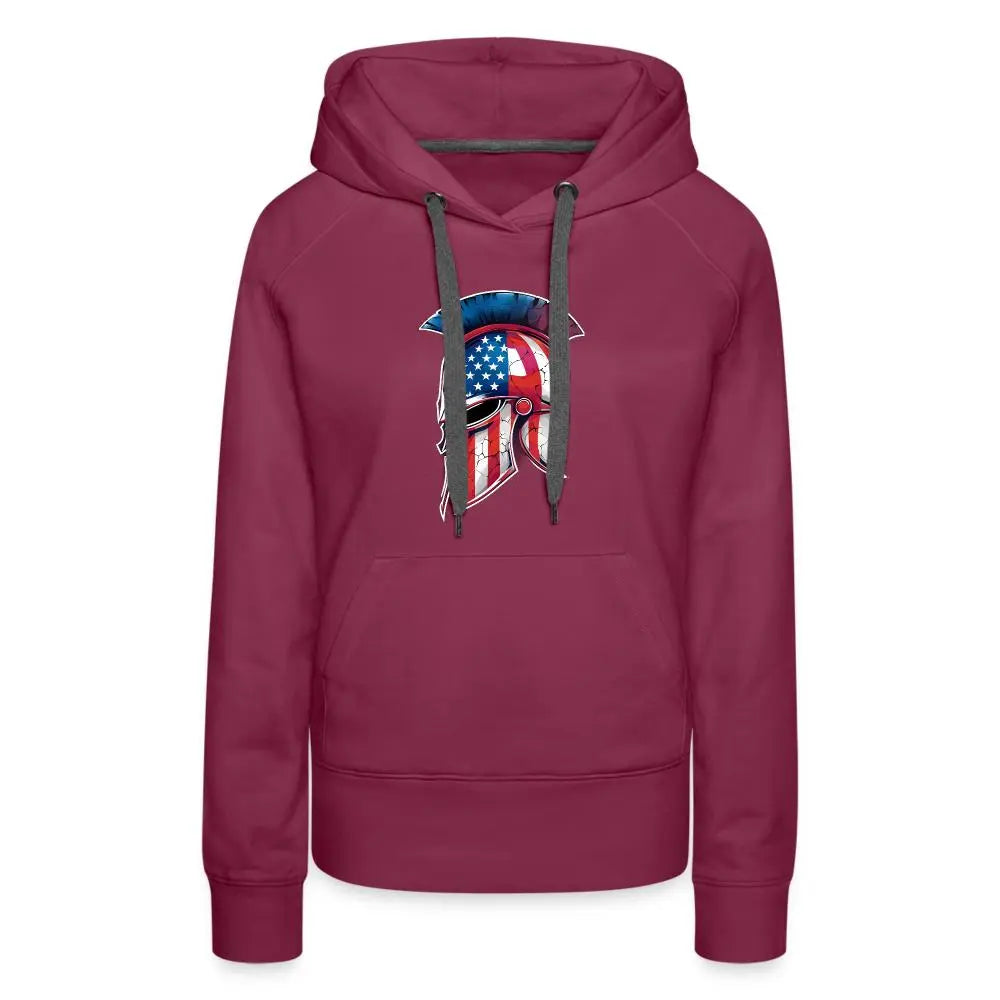 Women’s Spartan Designs Premium Hoodie with patriotic Spartan helmet logo and tailored feminine fit.