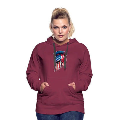 Women’s Spartan Designs Premium Hoodie with patriotic Spartan helmet logo and tailored feminine fit.