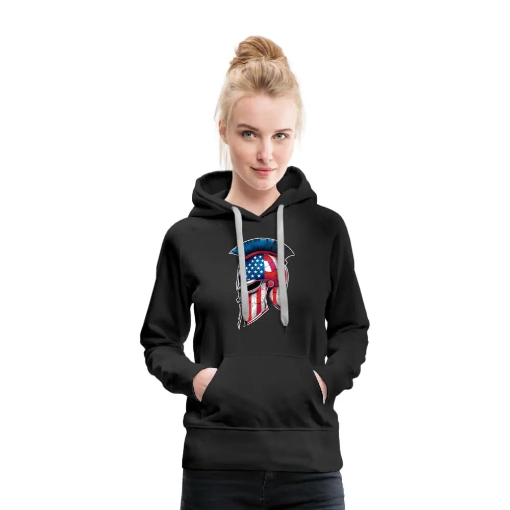 Women’s Spartan Designs Premium Hoodie with patriotic Spartan helmet logo and tailored feminine fit.