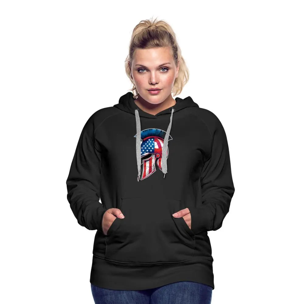 Women’s Spartan Designs Premium Hoodie with patriotic Spartan helmet logo and tailored feminine fit.