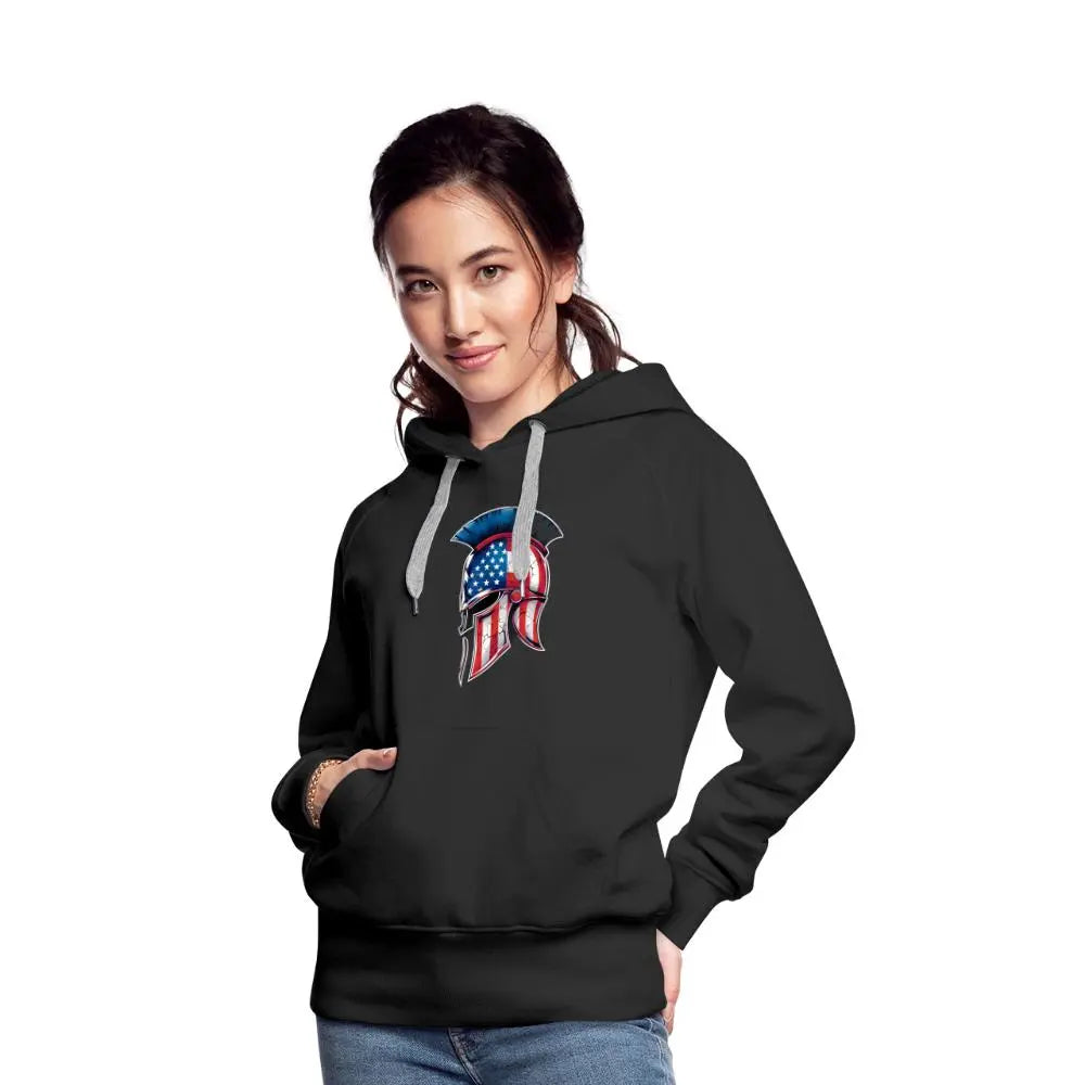 Women’s Spartan Designs Premium Hoodie with patriotic Spartan helmet logo and tailored feminine fit.