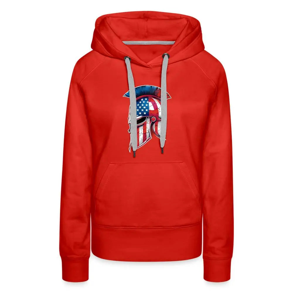 Women’s Spartan Designs Premium Hoodie with patriotic Spartan helmet logo and tailored feminine fit.