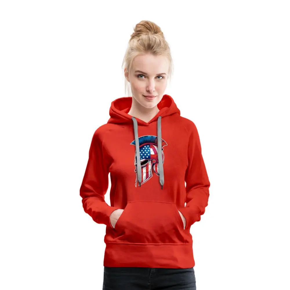 Women’s Spartan Designs Premium Hoodie with patriotic Spartan helmet logo and tailored feminine fit.