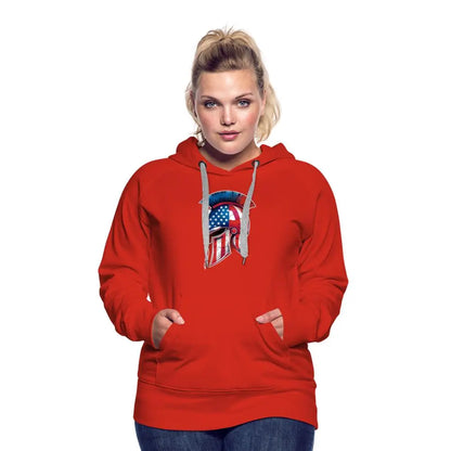 Women’s Spartan Designs Premium Hoodie with patriotic Spartan helmet logo and tailored feminine fit.