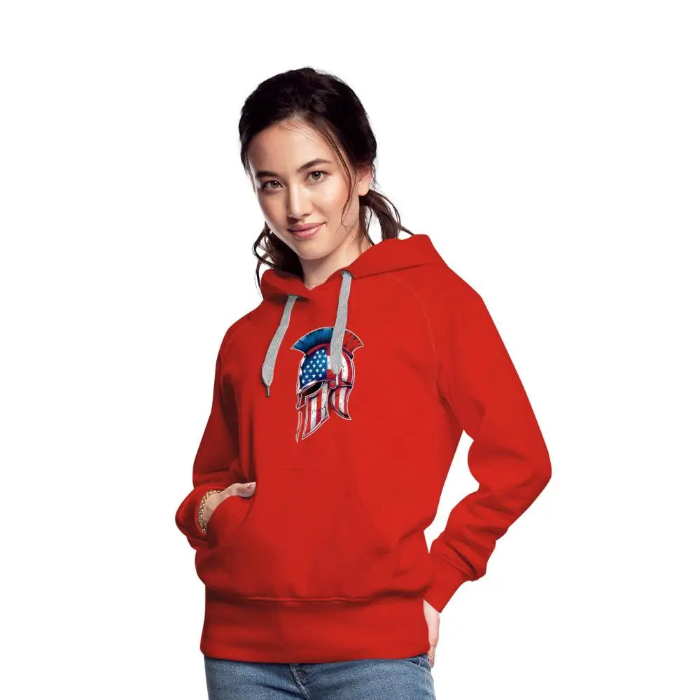 Women’s Spartan Designs Premium Hoodie with patriotic Spartan helmet logo and tailored feminine fit.