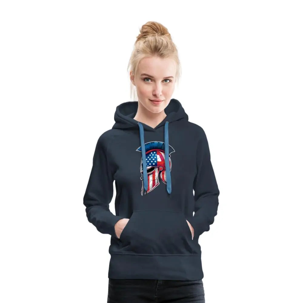 Women’s Spartan Designs Premium Hoodie with patriotic Spartan helmet logo and tailored feminine fit.