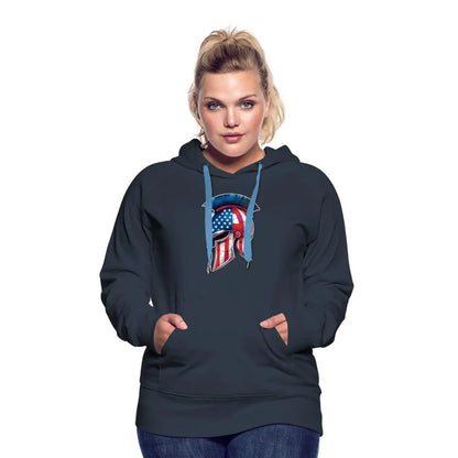 Women’s Spartan Designs Premium Hoodie with patriotic Spartan helmet logo and tailored feminine fit.